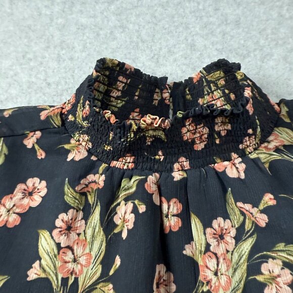 Floral Smocked High Neck Long Sleeve Womens‎ Blouse XS Black With Pink Flowers - Picture 3 of 8